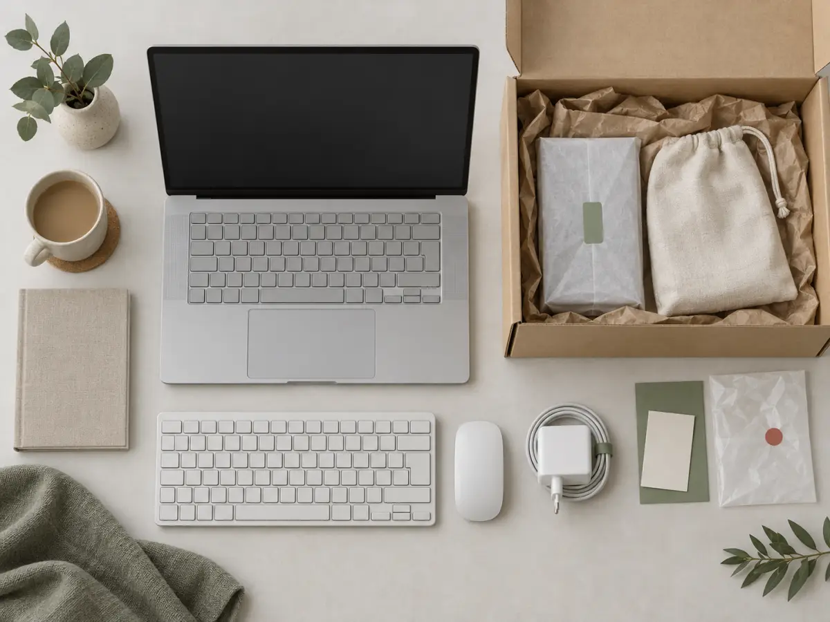 Laptop, separate Tastatur, Maus und Netzteil neben einem offenen Versandkarton.